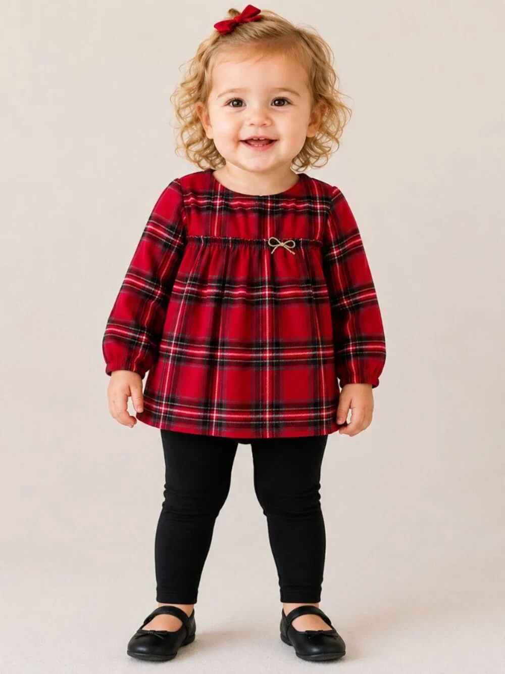 Carter's Red Tartan Plaid Girl’s Blouse with Smocked Yoke & Gold Bow Size 18 mos